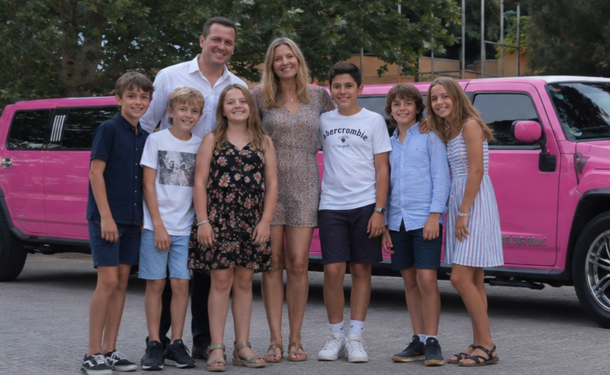 Children enjoying a birthday party with a pink Hummer limousine in Barcelona.