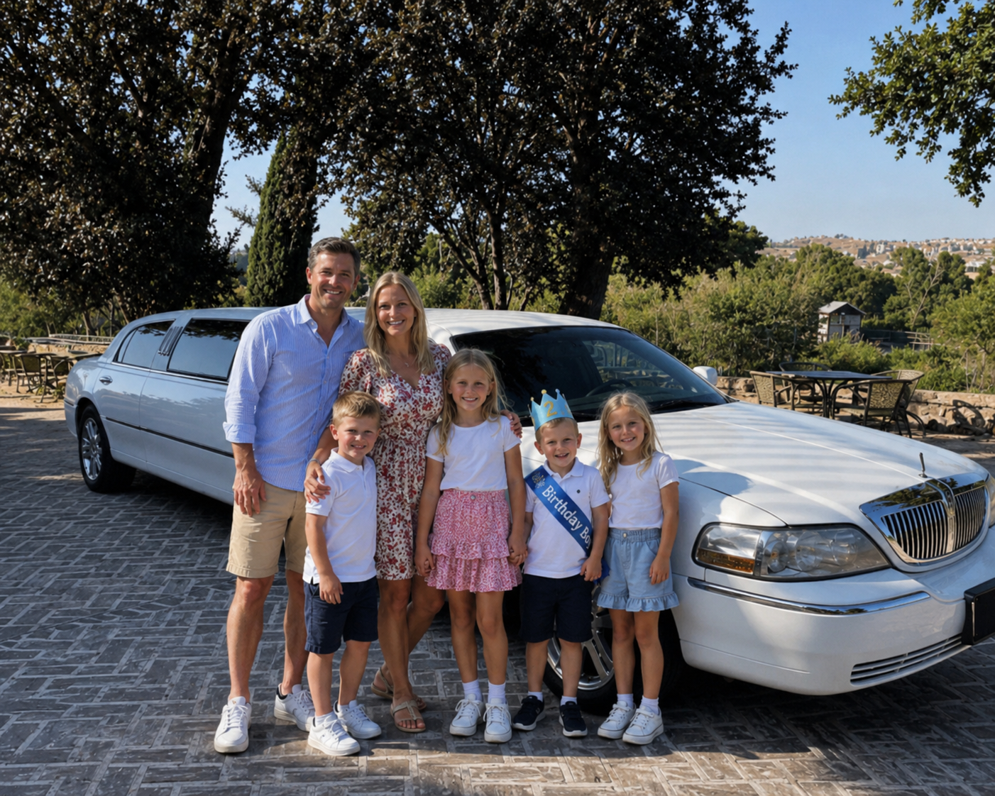 Children's birthday celebration with a white Lincoln limousine in Barcelona.