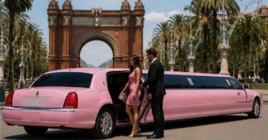 Pink stretch limousine in Barcelona ready for booking with chauffeur opening the door for passengers.