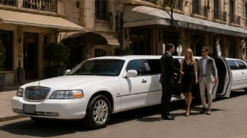 White Lincoln stretch limousine with professional chauffeur welcoming passengers outside a luxury hotel in Barcelona.