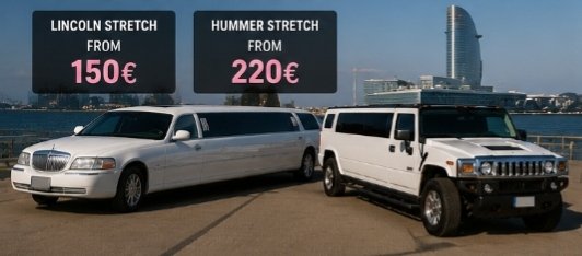 White Lincoln and Hummer stretch limousines in Barcelona with prices starting from €150 and €220.