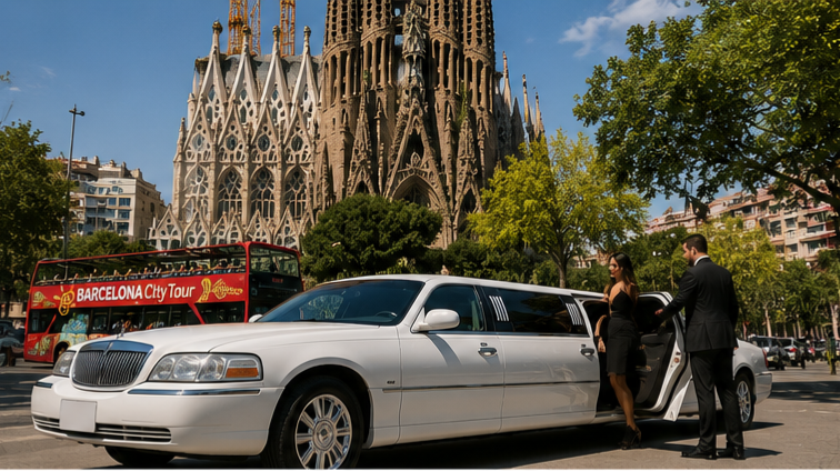 White Lincoln stretch limousine with professional chauffeur in Barcelona providing luxury transportation service.