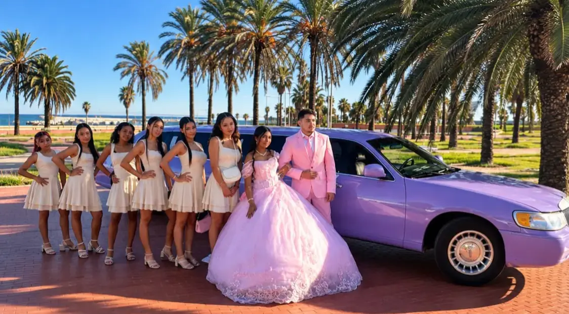 Grupo de amigas y pareja posando junto a una limusina violeta perla para una celebración especial, con palmeras al fondo.