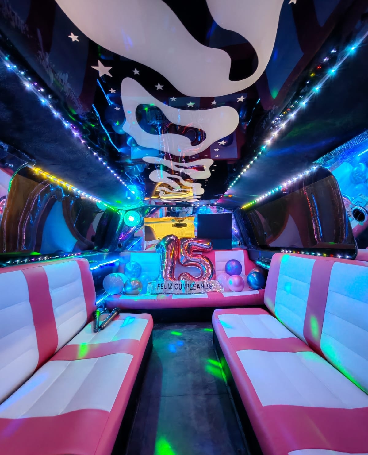 Pink Hummer limousine interior in Barcelona with premium seating, LED lights, sound system and space for birthdays and hen parties