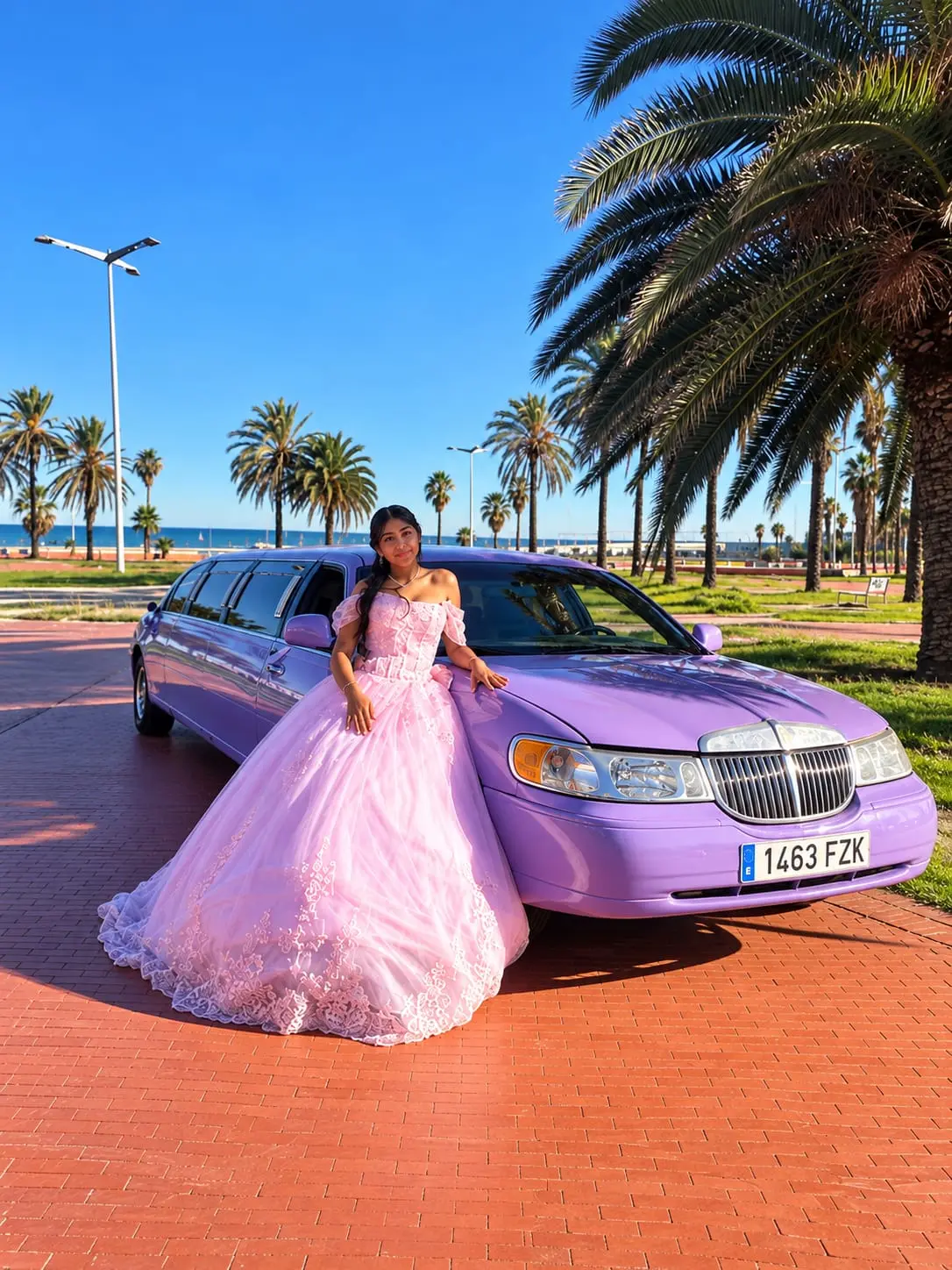 Woman in an elegant pink princess gown posing beside a pearl violet stretch limousine.